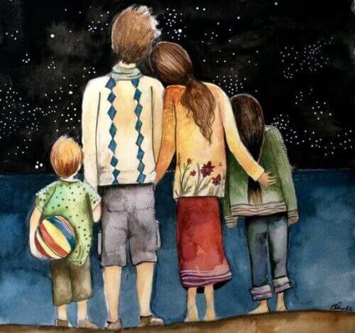 Familie ser på stjernene