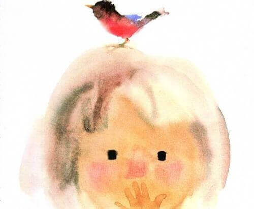 barn med fugl på hodet