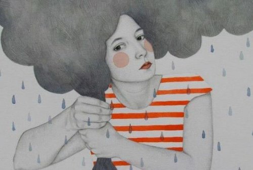 Kvinne med regnsky som hår