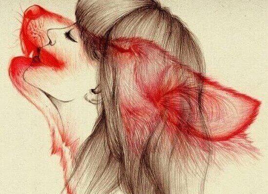 tegning av kvinne og ulv