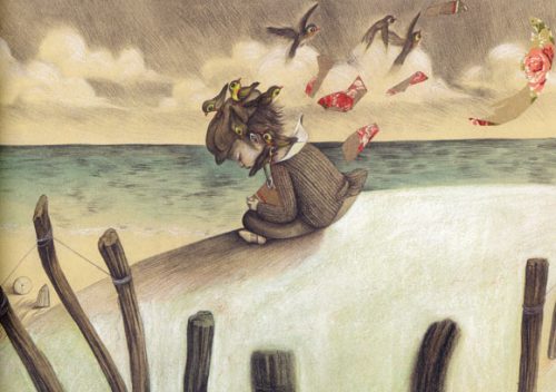 Trist jente sitter på stranden