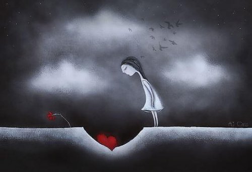 Jente ser på et hjerte i et hull i bakken