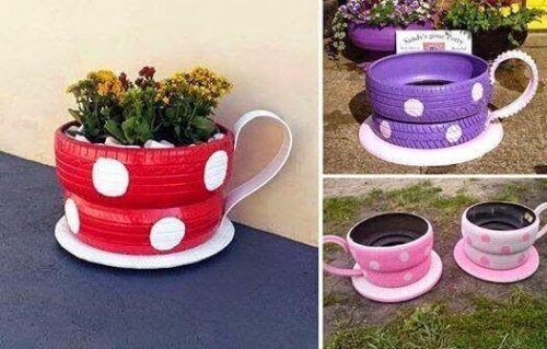 Blomsterpotter av gamle dekk