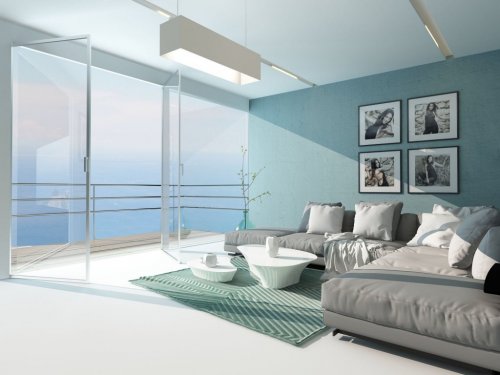 Moderne stue med glassdør ut til veranda gir en bedre atmosfære