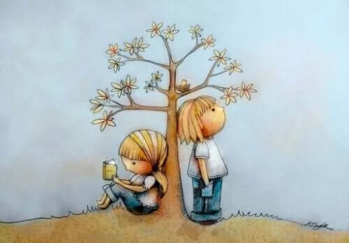 Lære å lese i en tidlig alder: En tegning av to barn som lener seg mot et tre.