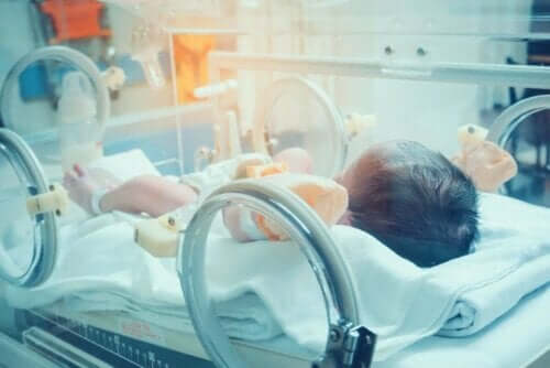 En for tidlig baby i en inkubator.