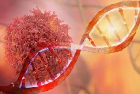 En DNA-streng og en kreftcelle.