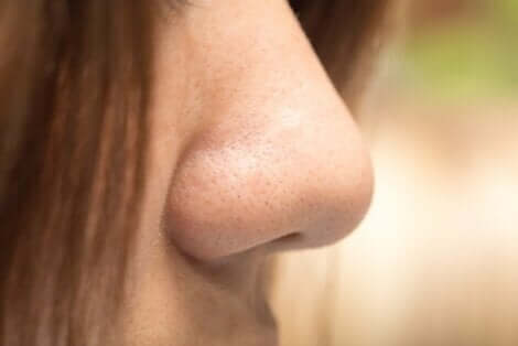 Et nærbilde av siden av en kvinnes nese.