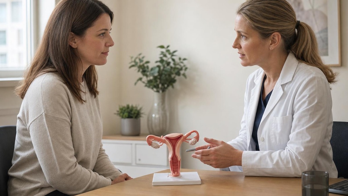 Kvinne snakker med lege om gynekologisk helse på et rolig kontor