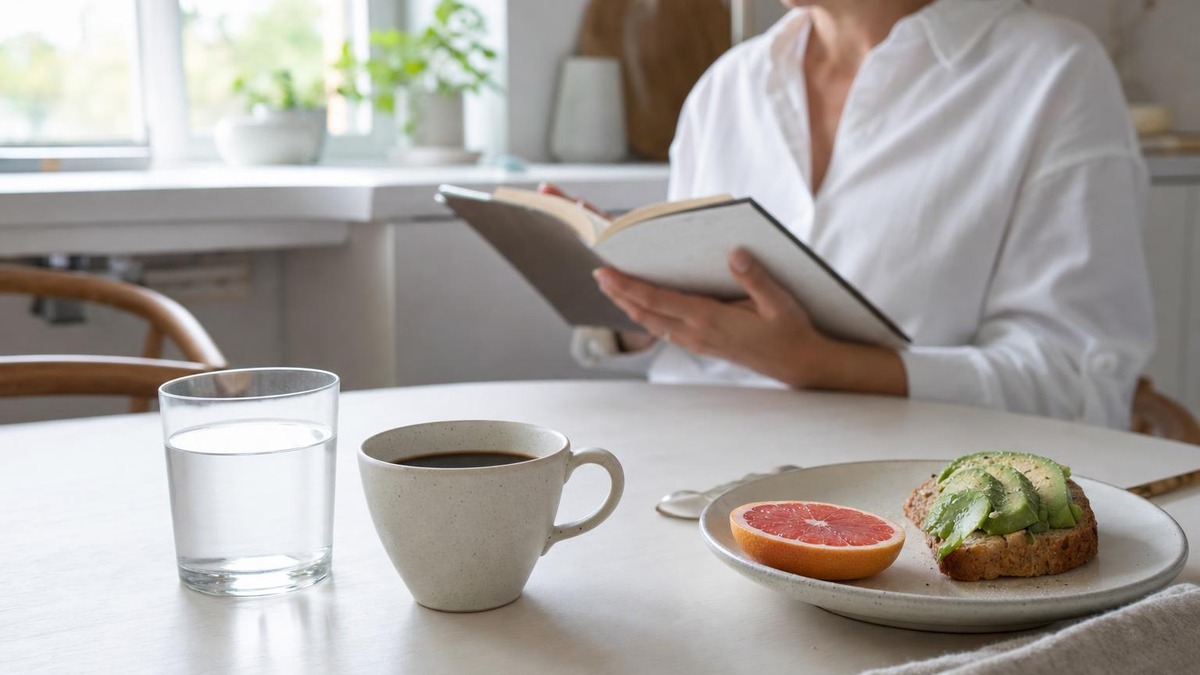 Kopp svart kaffe og glass vann ved en enkel frokost