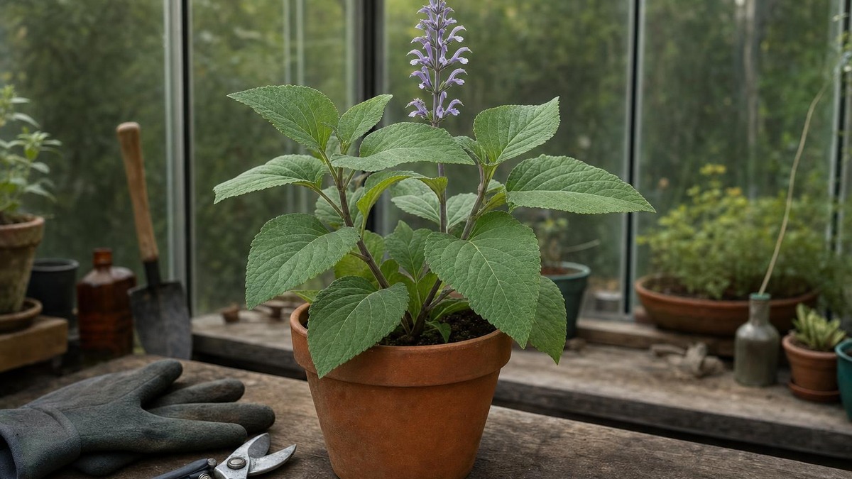 Salvia divinorum i en potte ved siden av hagehansker i et drivhus