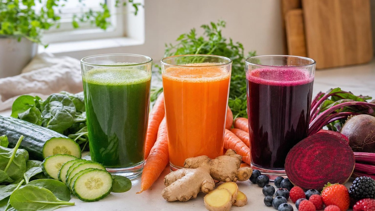 Tre fargerike juicer med grønnsaker, bær og ingefær på et lyst bord