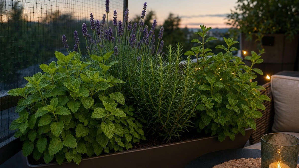 Lavendel, rosmarin, mynte og sitronmelisse i en balkongkasse ved skumring